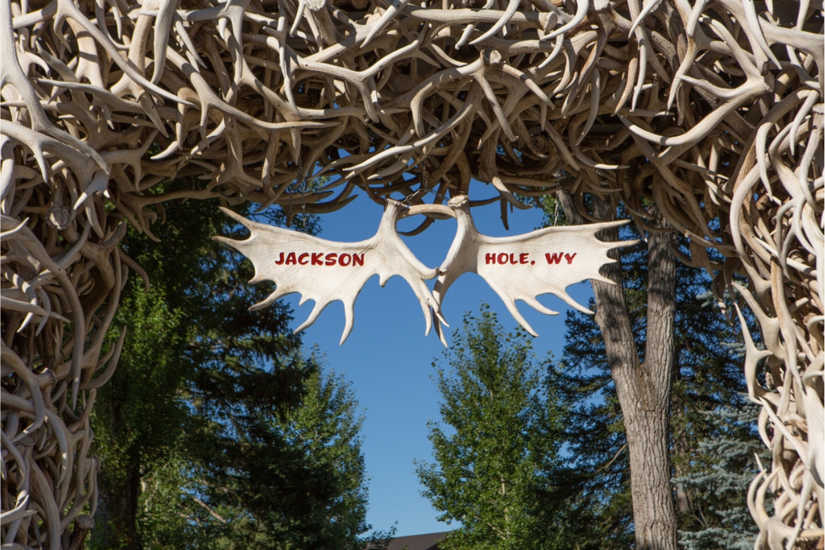 Up close look at one of the antler arches at the Town Square in Jackson, WY. In the background there are green leafy trees and blue sky overhead.