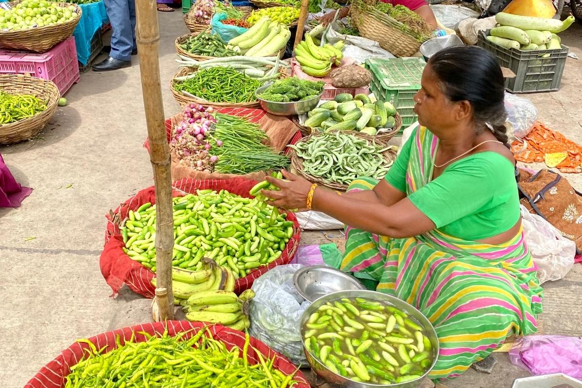 Outdoor market in Udaipur. An Indian woman wearing a green, yellow, and pink sari sits on the ground, surrounded by baskets and crates of green vegetables, bananas, and other offerings.