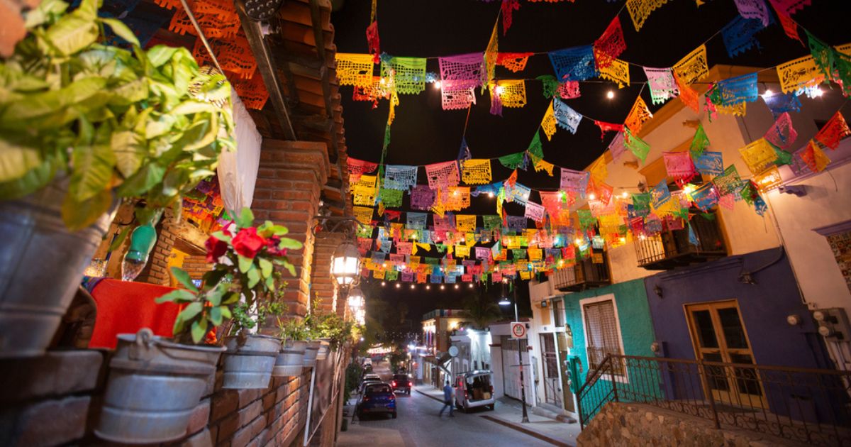 Narrow street in San Jose del Cabo at night, with lines of colorful flags strung from buildings above the street, green plants on walls alongside and buildings painted purple, blue, or white.