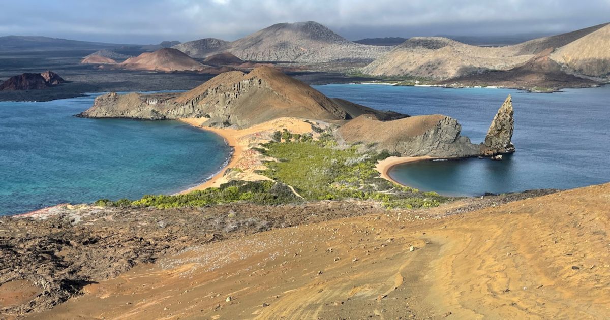 Expansive view of Bartolomé Island, blue water, and rolling brown hills in the background.