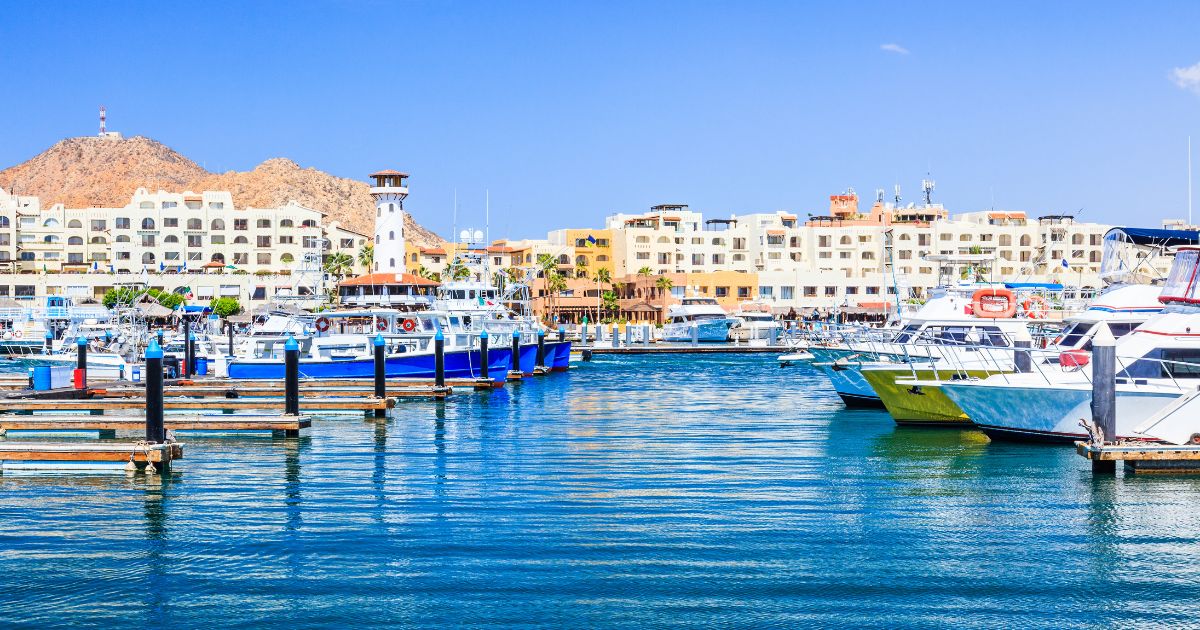 Cabo San Lucas marina, with calm blue water, rows of colorful yachts and charter oats, and brown and white buildings in the background.
